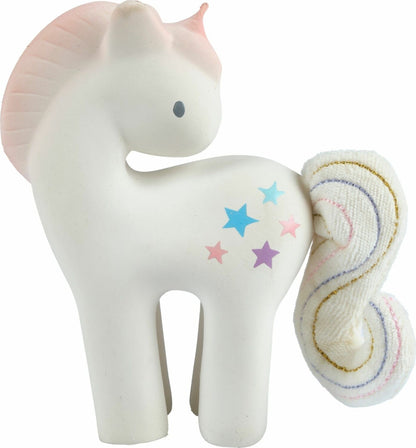 Cotton Candy Unicorn Natural Organic Rubber Rattle With Crinkle Tail