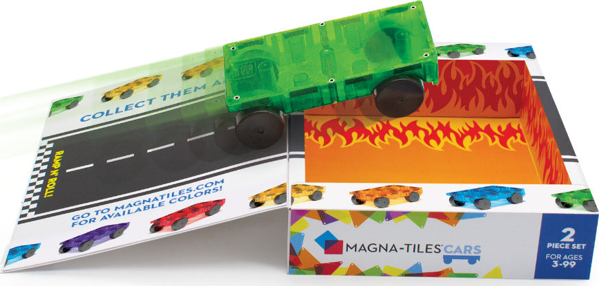 MAGNA-TILES Cars – Green & Yellow 2-Piece Magnetic Construction Set, The ORIGINAL Magnetic Building Brand